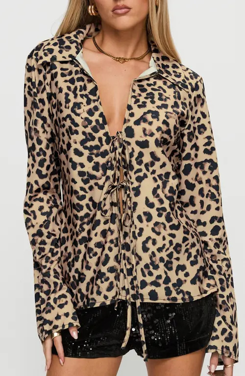 Princess Polly Toriah Tie Up Long Sleeve Top in Leopard at Nordstrom, Size 0 | Nordstrom