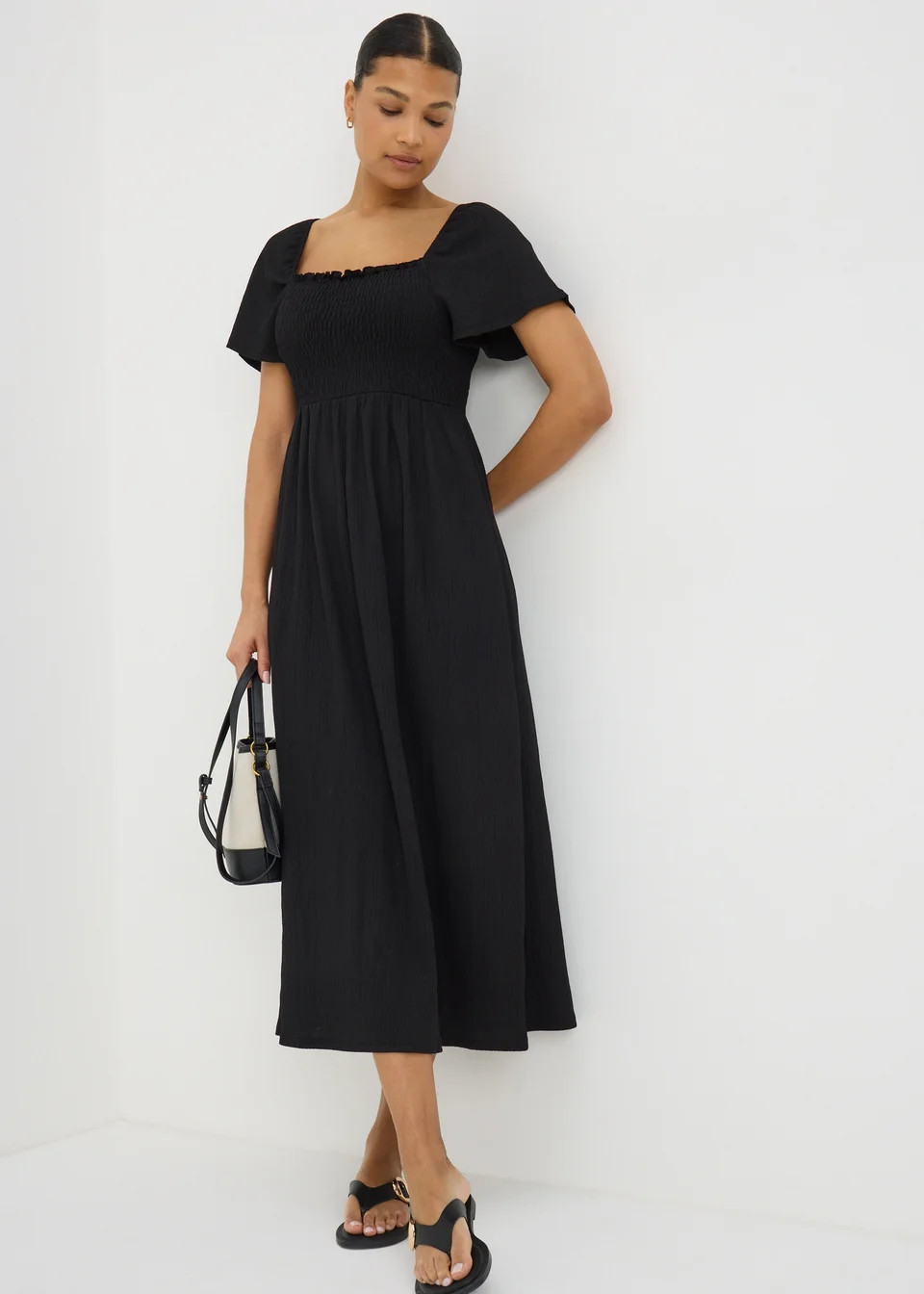 Black Shirred Midi Dress - Size 22 | Matalan (UK)