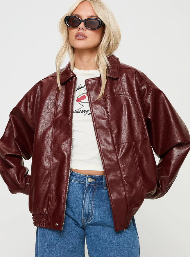 Devija Faux Leather Jacket Burgundy | Princess Polly US