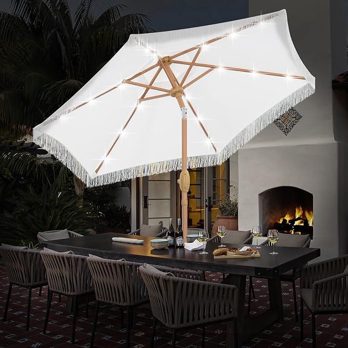 7.5 FT Patio Umbrella with Fringe and 18 LED Lights, Outdoor Tassel Beach Umbrella, Table Market ... | Amazon (US)