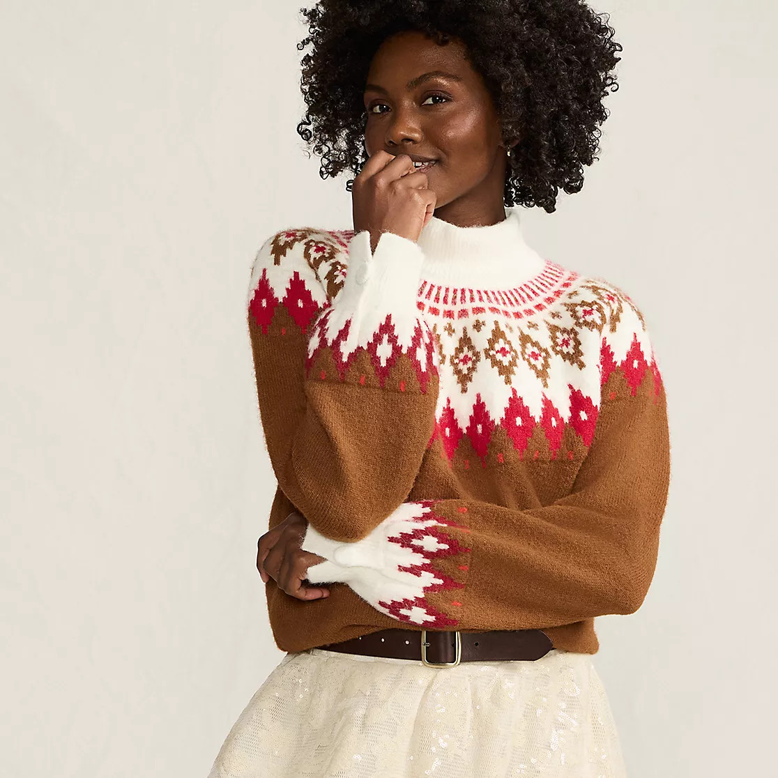 Women's Fuzzy Turtleneck Lantern Sleeve Jacquard Sweater | Lands' End (US)