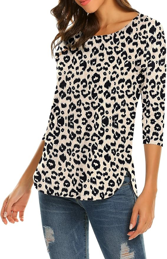 Sherosa Women's Casual 3/4 Sleeve Loose Tunic Tops Scoop Neck T-Shirt | Amazon (US)