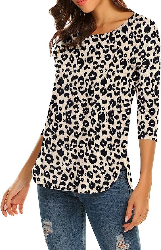 Sherosa Women's Casual 3/4 Sleeve Loose Tunic Tops Scoop Neck T-Shirt | Amazon (US)