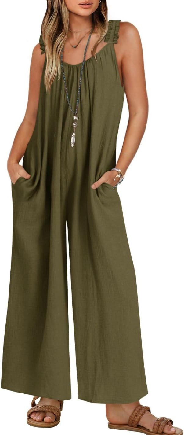 ZESICA Women's Sleeveless V Neck Jumpsuits Summer Casual Loose One Piece Overalls Oversized Wide ... | Amazon (US)