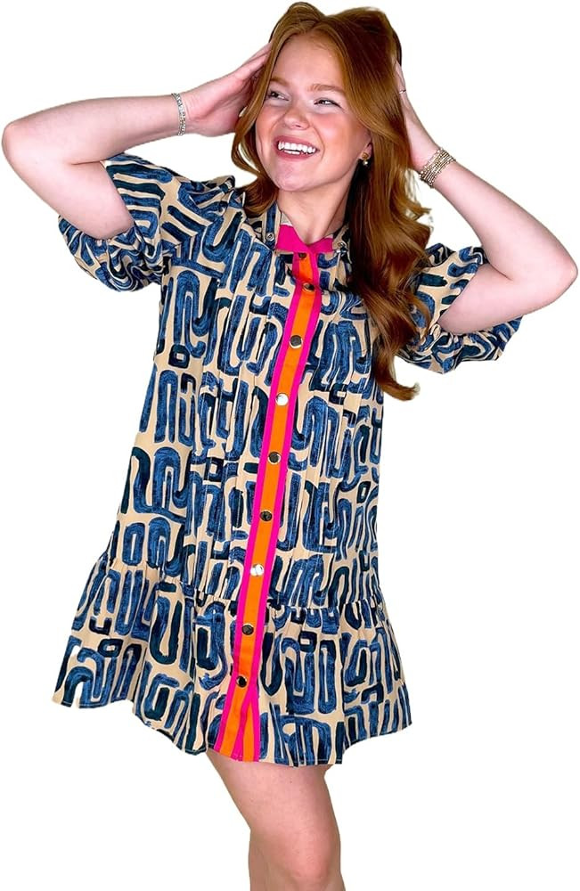 Women's Beige Abstract Print Bubble Sleeve Button-Up Mini Dress | Amazon (US)