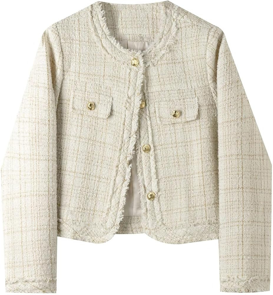 Women Beige Plaid Tweed Jacket Fragrance Autumn/Winter Jacket Coat One Piece Classic Jacket | Amazon (US)