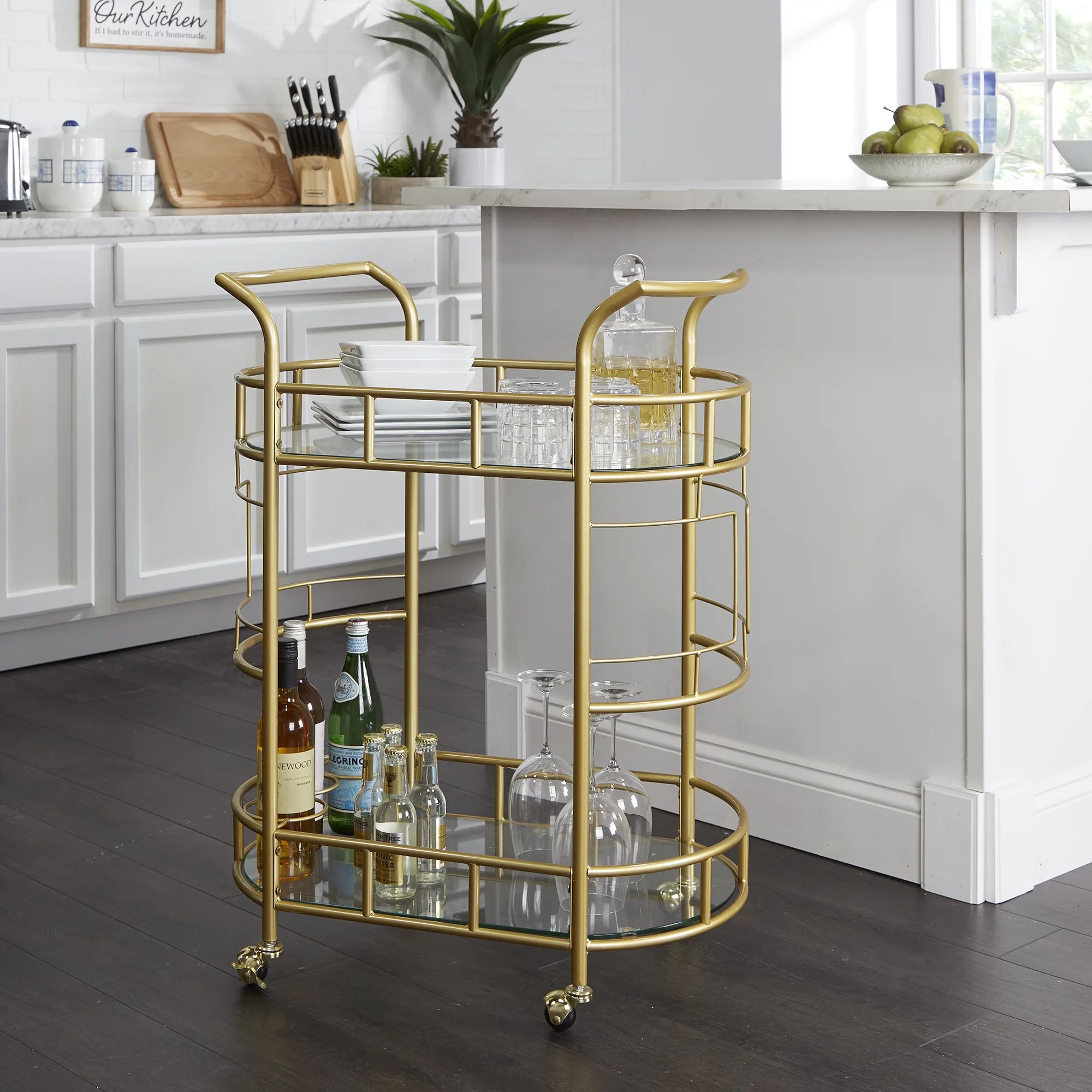 Better Homes & Gardens Fitzgerald Bar Cart with Matte Gold Metal Finish, 2-Tiers | Walmart (US)