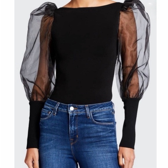 Alice + Olivia Abella Black Puff Sleeve Square Neck Sheer Organza Sweater Top S‎ | Poshmark