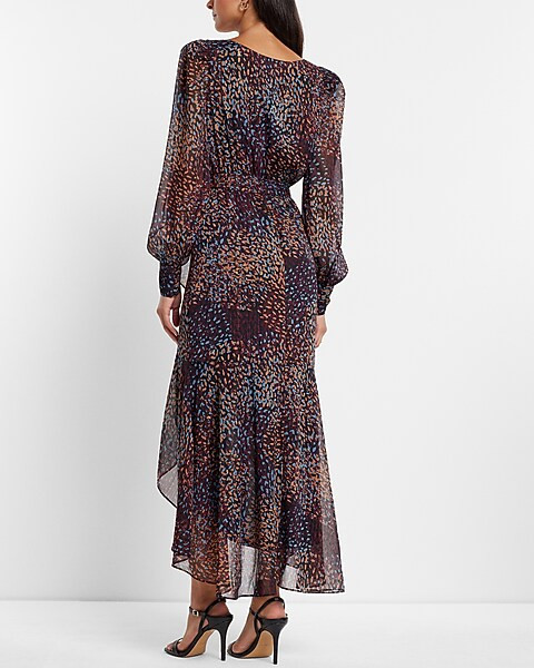 Metallic Printed Faux Wrap Ruffle Hi-Lo Maxi Dress | Express