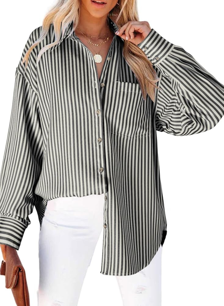 Dokotoo Womens Tops Trendy V Neck Long Sleeve Button Down Shirts Casual Oversized Striped Blouses... | Amazon (US)