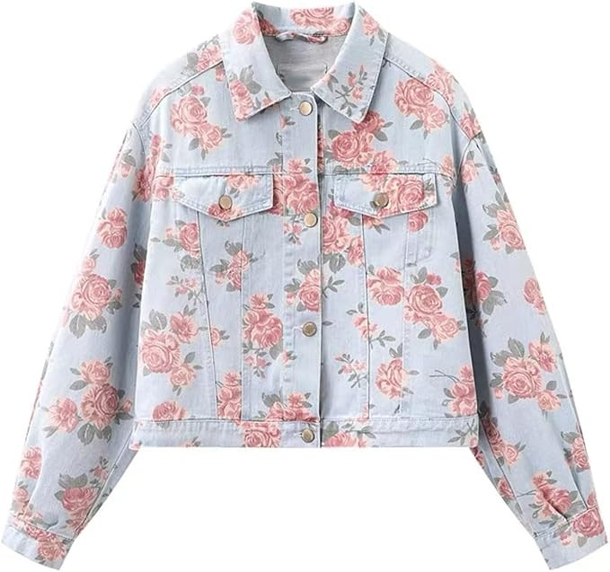 Ladies Floral Denim Jacket Short Denim Jacket Rose Print,L | Amazon (US)