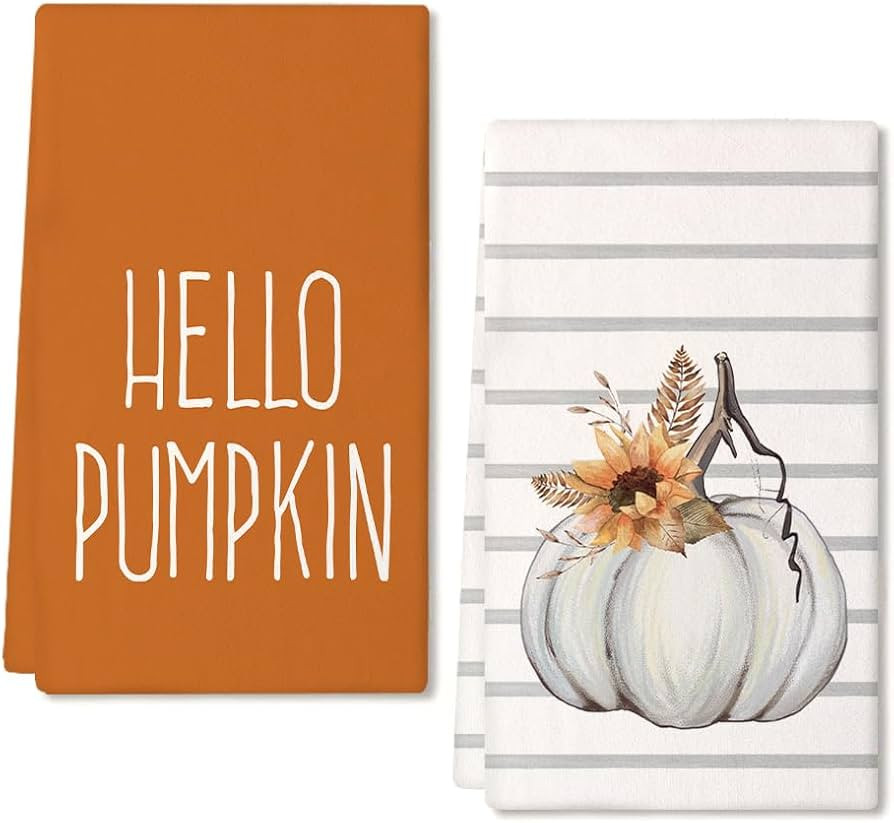 GEEORY Fall Kitchen Dish Towels Set of 2,Hello Printed Beige Pumpkin 18x26 Inch Drying Dishcloth,... | Amazon (US)