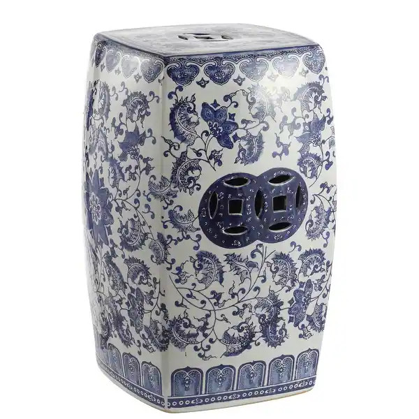 Floral Vine 18.5" Chinoiserie Ceramice Square Garden Stool, Blue/White | Bed Bath & Beyond