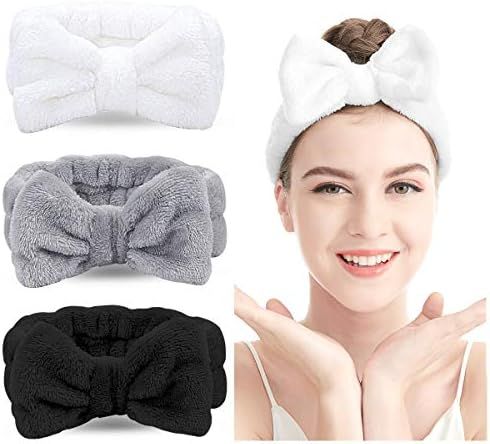 Spa Headband - 3 Pack Bow Hair Band Women Facial Makeup Head Band Soft Coral Fleece Head Wraps Fo... | Amazon (US)