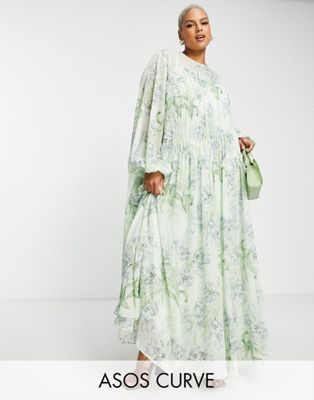 ASOS EDITION Curve shirred front maxi dress with floral print in white | ASOS (Global)