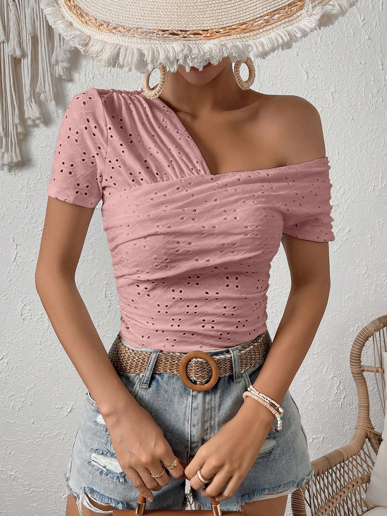 SHEIN VCAY Asymmetrical Neck Eyelet Embroidery Tee | SHEIN