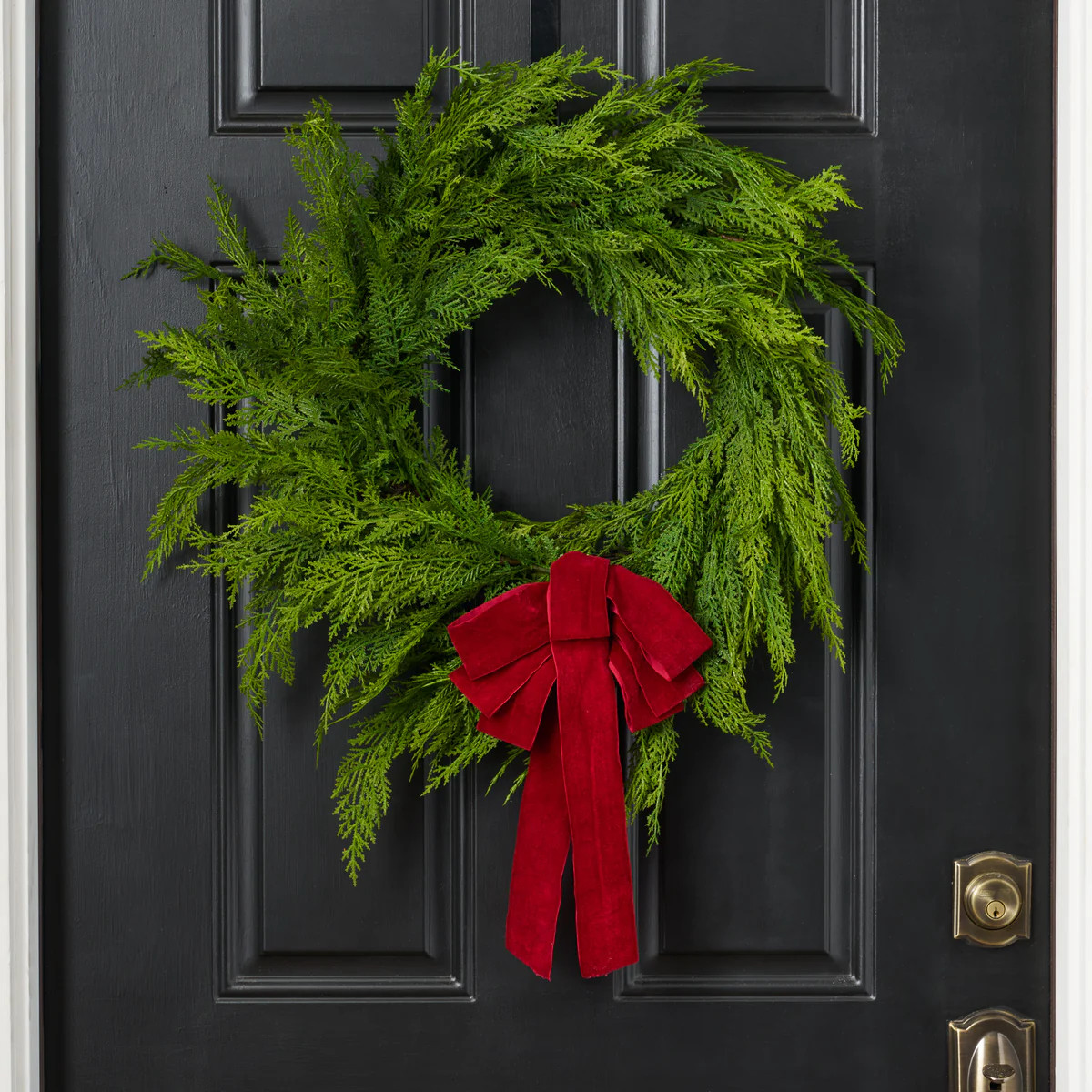 Real Touch Lebanon Cedar Outdoor Winter Greenery 24" Christmas Wreath - 6 Holiday Bow Options | Darby Creek Trading