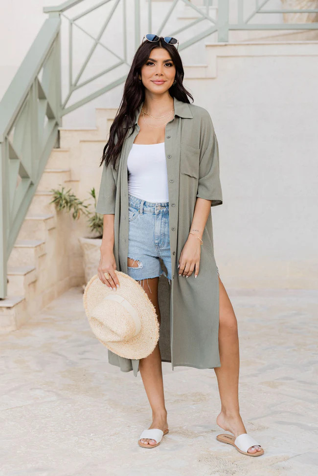Don't Wait Sage Duster Length Button Front Shirt | Pink Lily