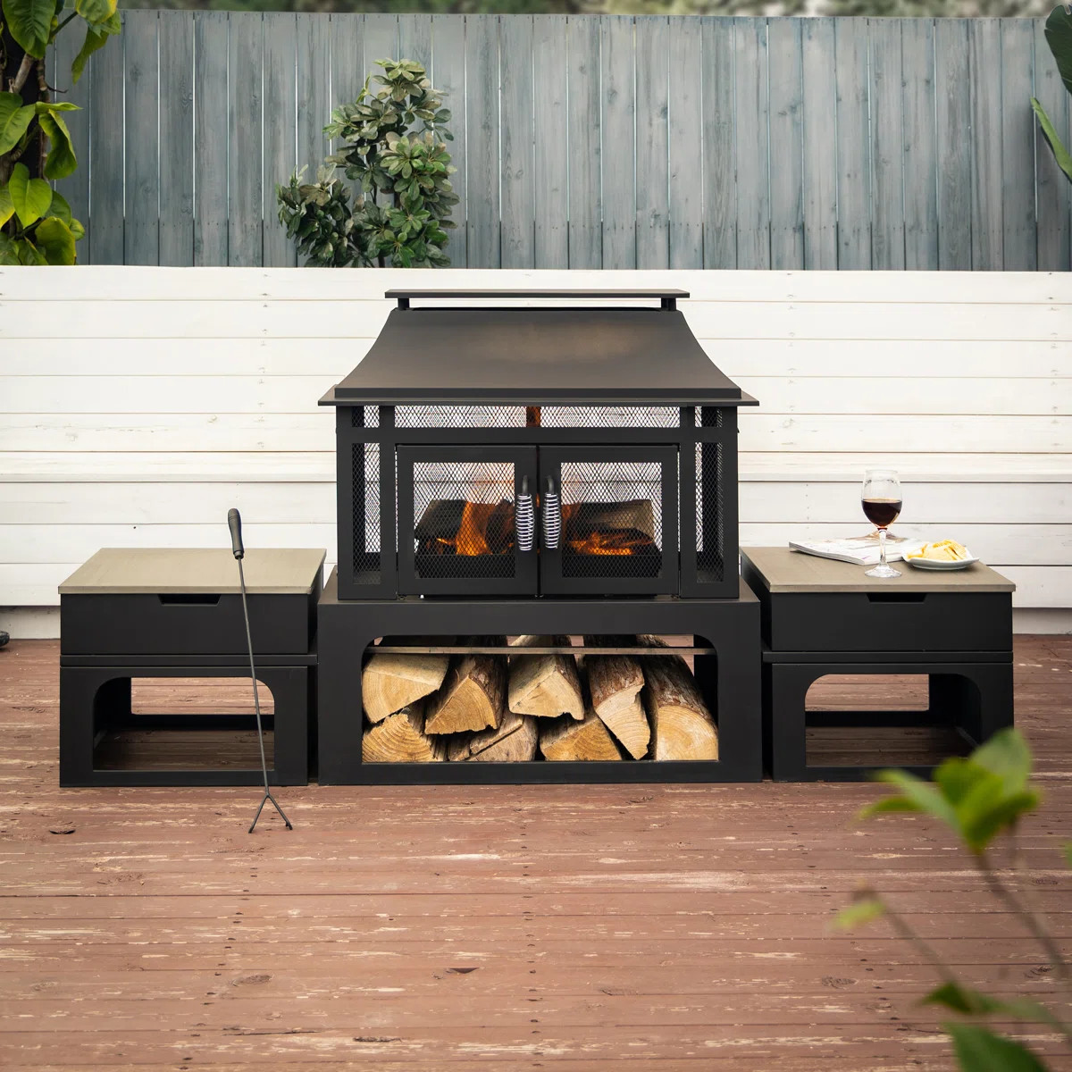 Deko Living 70 Inch Rectangular Outdoor Steel Wood Burning Fireplace with Log Storage, Poker and ... | Wayfair North America