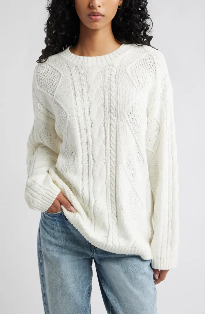 BP. Cabled Oversize Cotton Blend Crewneck Sweater | Nordstrom | Nordstrom