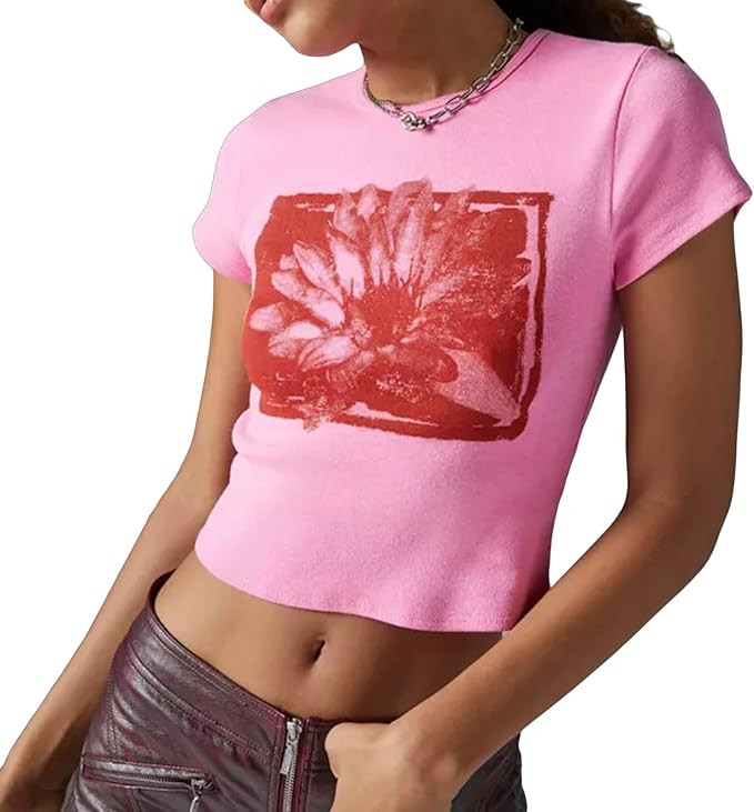 Graphic Baby Tees for Women Y2k Short Sleeve Floral Print Crop Tops Vintage Aesthetic Summer Teen... | Amazon (US)