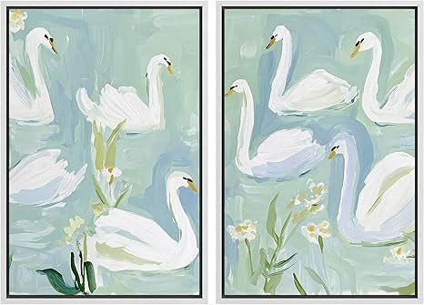 MUDECOR Framed Canvas Print Wall Art Set White Swan Soft Blue Green Pond Illustrations Modern Art... | Amazon (US)