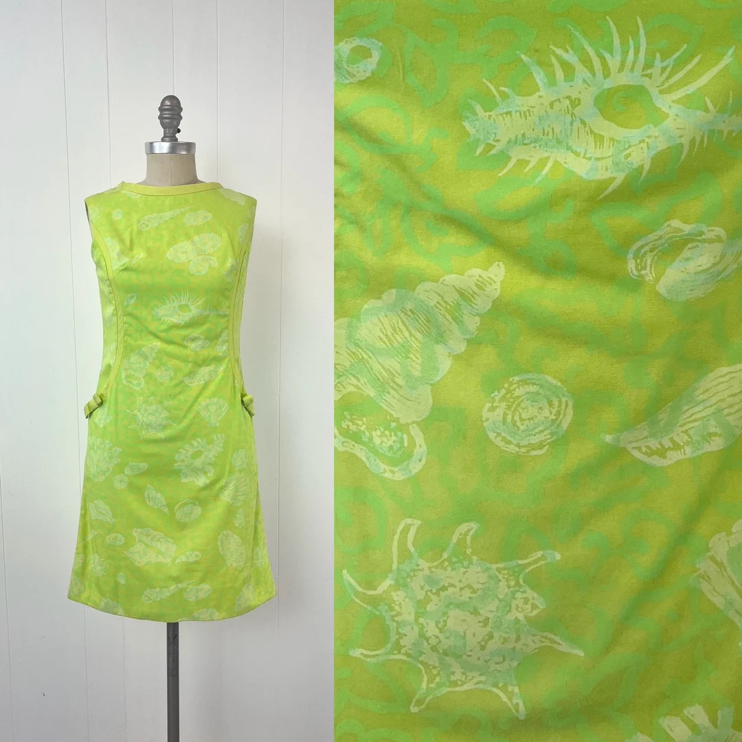 1960s Key West Hand Prints Seashell Ocean Conch Novelty Print Yellow Green Bow Shift Sun Dress - ... | Etsy (US)