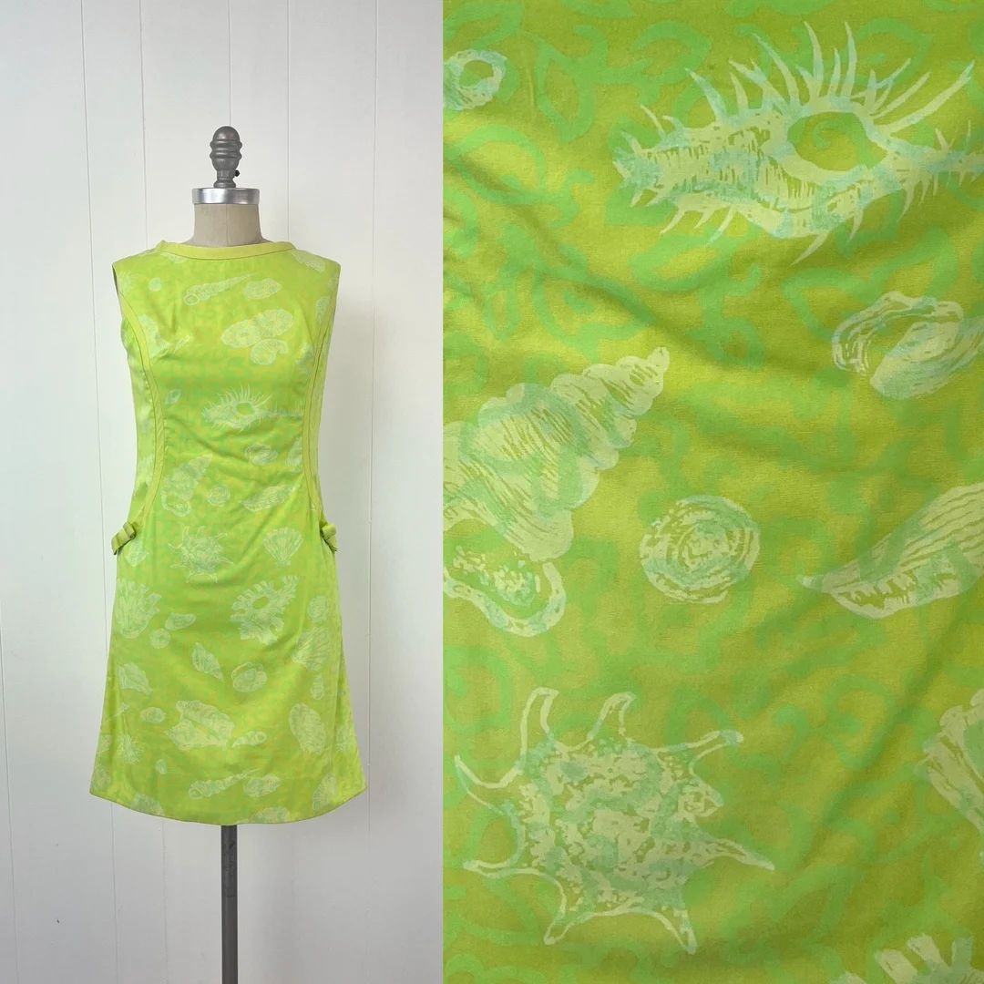 1960s Key West Hand Prints Seashell Ocean Conch Novelty Print Yellow Green Bow Shift Sun Dress - ... | Etsy (US)