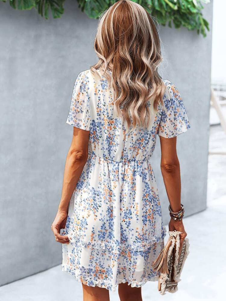 Ditsy Floral Print Lettuce Trim Dress | SHEIN