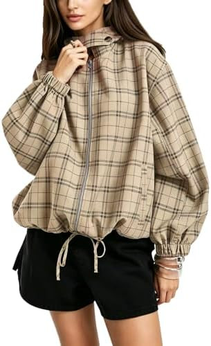 Womens Gingham Bomber Jacket Zip Up Drawstring Hem Coat | Amazon (US)