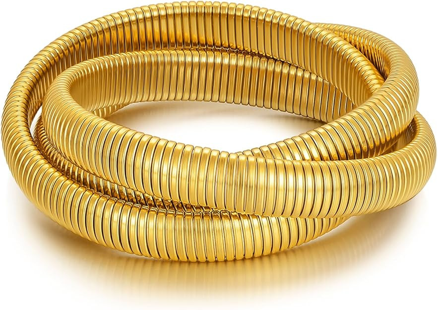 Gold Bangle multi-layer Bracelets for Women Stretchy Stainless steel Link Chain Flexible Wide Wri... | Amazon (US)