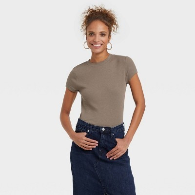 Women's Slim Fit Short Sleeve Ribbed T-Shirt - A New Day™ Brown XL: Cotton Modal Blend, Crew Neck, Pullover | Target