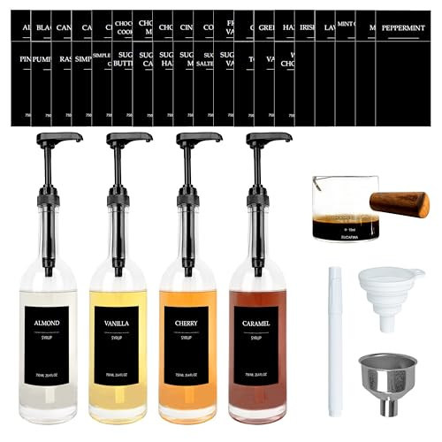 HCYWOC Coffee Syrup Dispenser, 25.4oz 750ml Glass Syrup Bottles, 4 Pack Syrup Dispenser for Coffee Bar With Large Leakproof Coffee Syrup Pump, Coffee Bar Accessories, 38 Labels, 120ml Espresso Cups | Amazon (US)