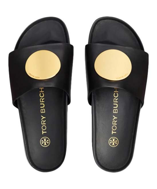 Tory Burch Women's Sandals PERFECT - Perfect Black & Goldtone Disc Leather Patos Slide - Women | Zulily