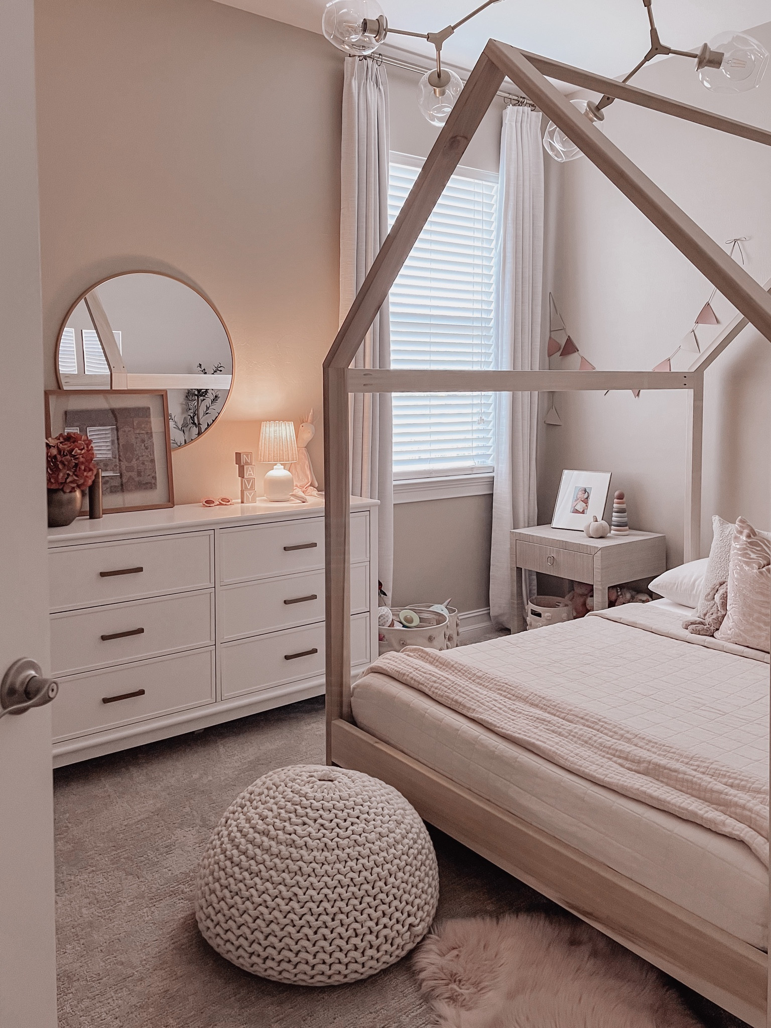 Girls room, big girls room, kids decor, home decor, girls decor, play room, mini table lamp, white dresser, nightstand, house bed, kids bed, neutral home decor. 