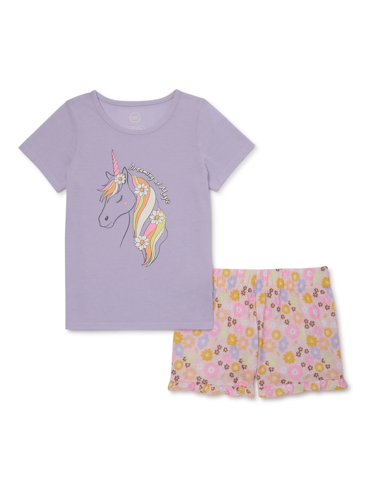 Wonder Nation Girls Short Sleeve Top and Sleep Short Pajama Set, 2-Piece, Sizes 4-18 & Plus | Walmart (US)