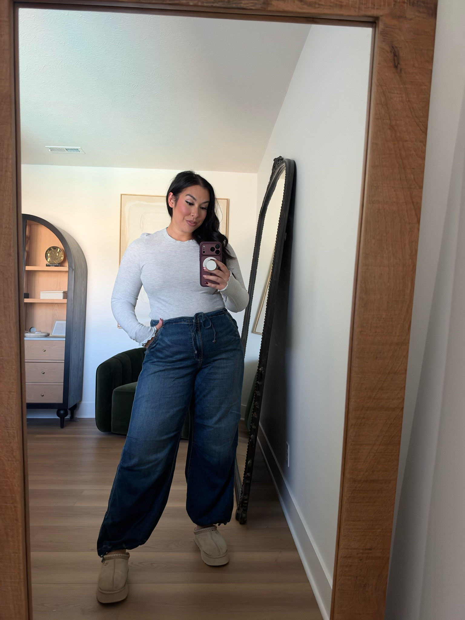 I can't believe how soft and stretchy these pants are, and they're convertible! You can wear them as a balloon pant or loose which I think is so fun. This top is a great layering piece with a cute ruffle detail on the sleeve. Wearing an XL on the bottom and a L on top. Midsize, midsize fashion, fall fashion, fall, american eagle 

 #LTKootd #LTKMidsize