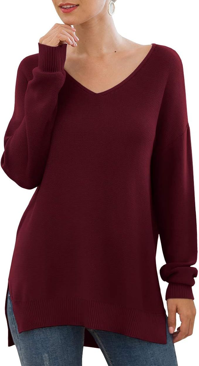 GRECERELLE Women's V-Neck Long Sleeve Side Split Loose Casual Knit Pullover Sweater Blouse | Amazon (US)