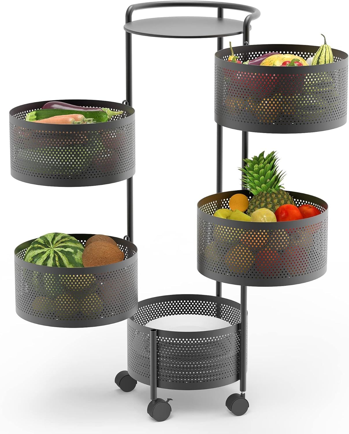 Rotating Fruit Basket, 5-Tier Metal Sturdy Kitchen Storage Rack Shelf Carts No Assembly on Rollin... | Amazon (US)