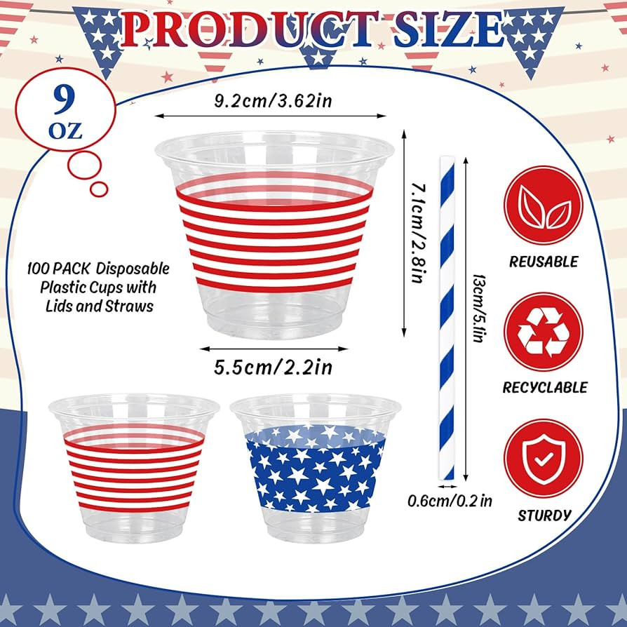 Amazon.com: Whaline 100 Pcs 9Oz Patriotic Disposable Plastic Cups with Lids and Straws Red Blue 4... | Amazon (US)