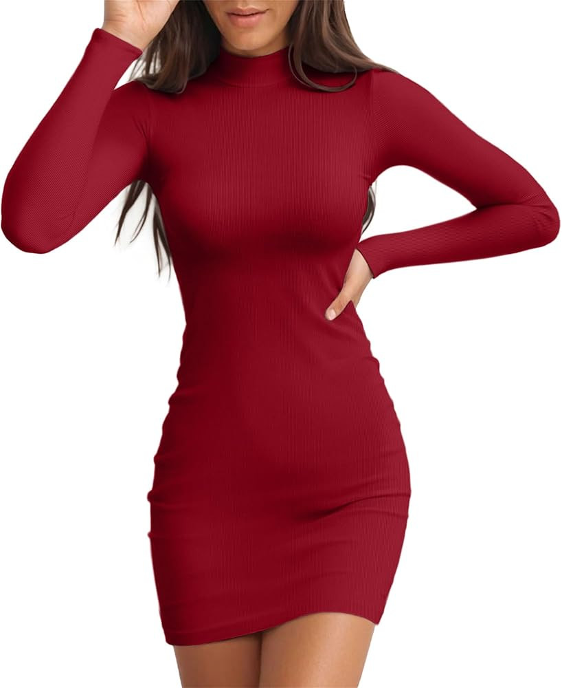 Valiamcep Women's Long Sleeve Dress Mock Neck Basic Ribbed Slim Fit Bodycon Mini Pencil Dresses | Amazon (US)