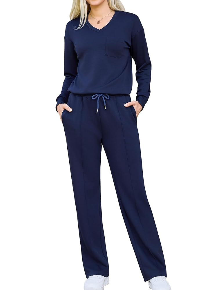 difficort Women's 2 Piece Lounge Sets Casual Travel Airport Outfits Side Slit V-Neck Tops & Wide ... | Amazon (US)