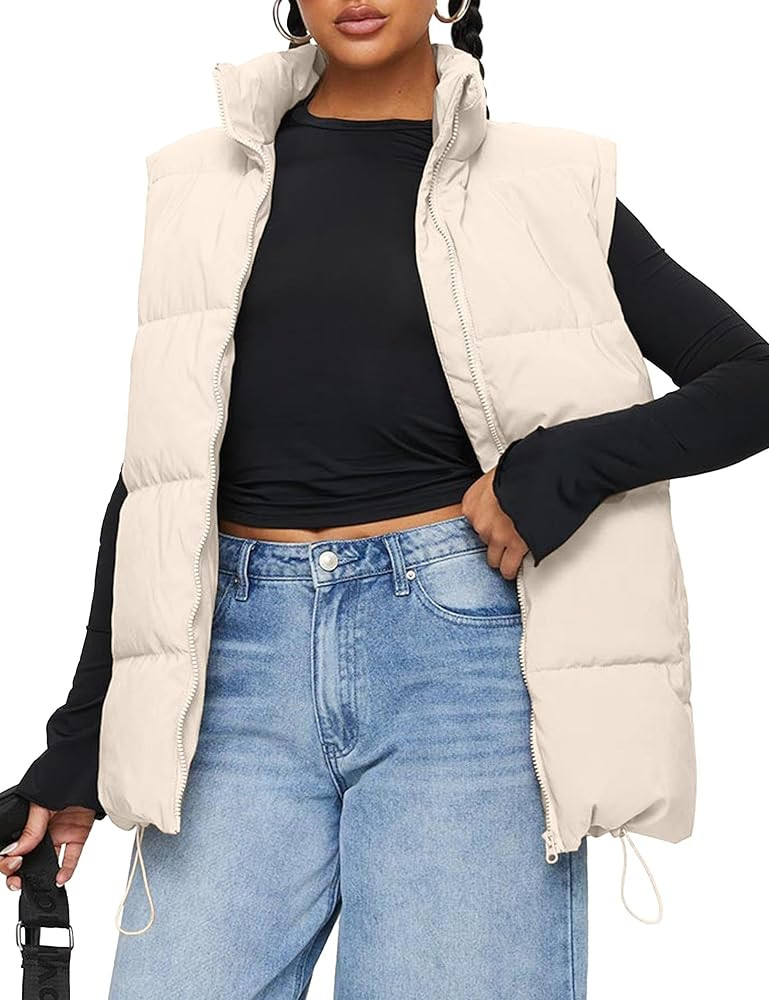 WHN Women's Sleeveless Puffer Jacket Coat Plus Size Stand Collar  Zip Up Long Coat Outerwear with... | Amazon (US)