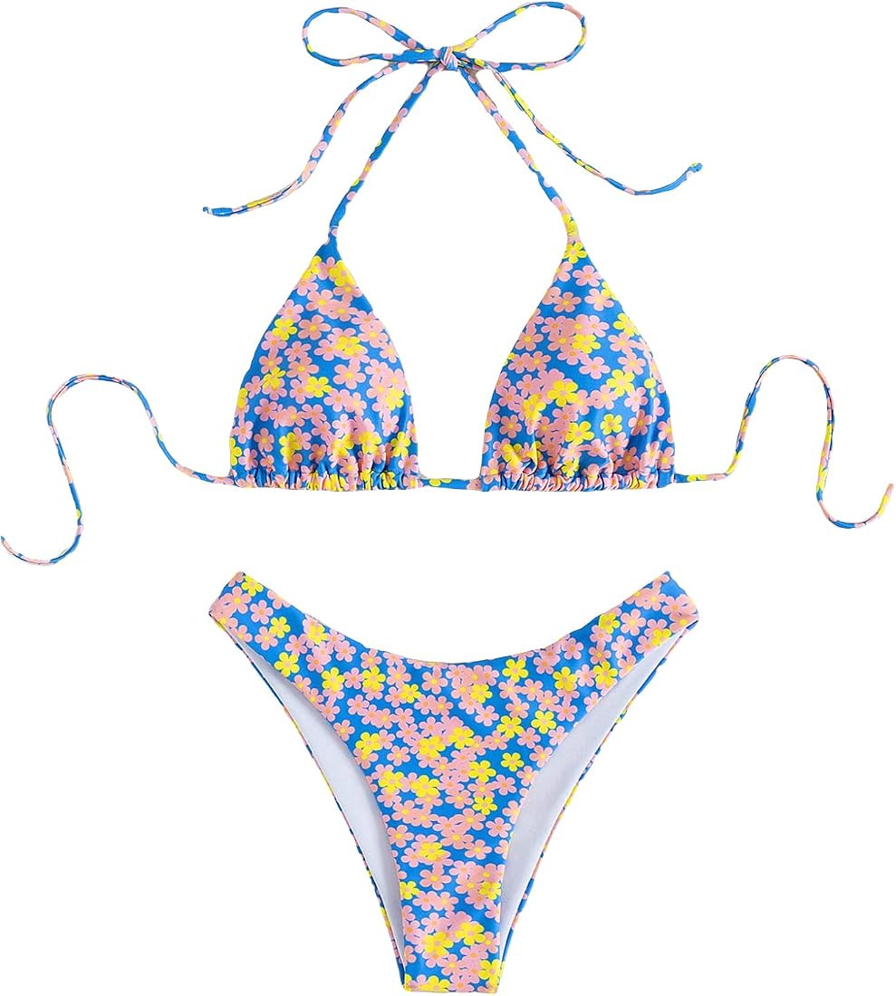 MakeMeChic Women's Halter Tie Side Triangle Bikini Set high Cut 2 Piece Bikini Swimsuit Bathing S... | Amazon (US)