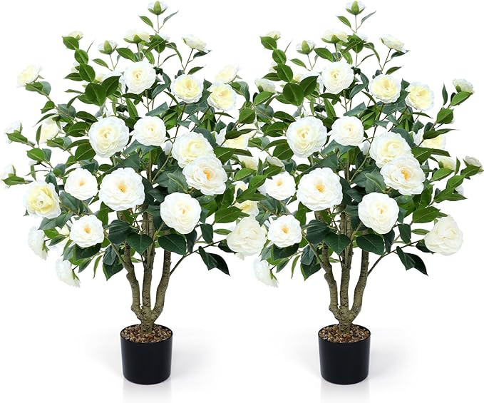Artificial Camellia Tree 2 Pack 42" Faux Camellia Plant in Pot with 32 Blooming Flowers Fake Flow... | Amazon (US)