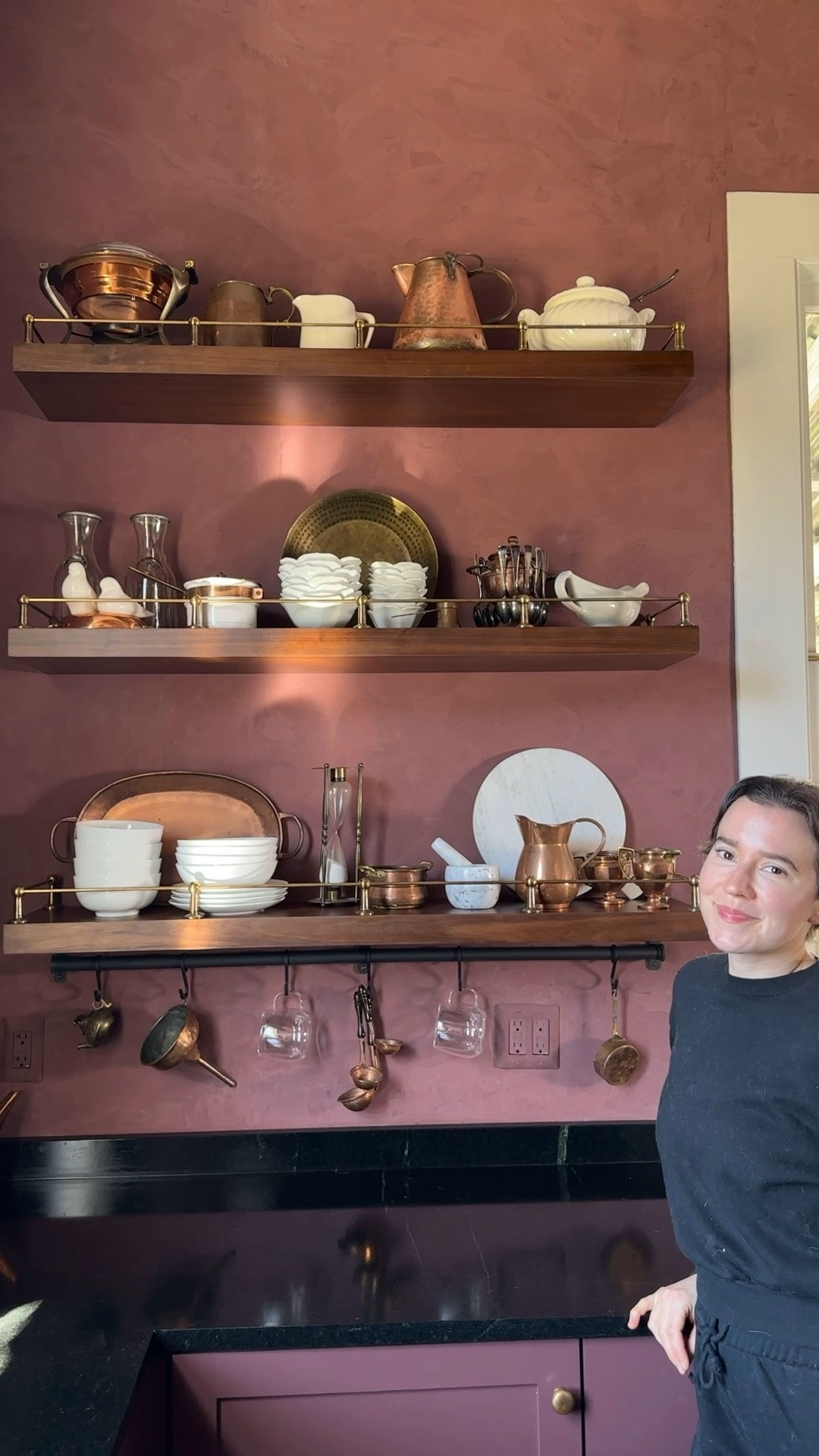 Floating walnut shelves with unlacquered brass gallery rails in my new kitchen ✨

#LTKHome