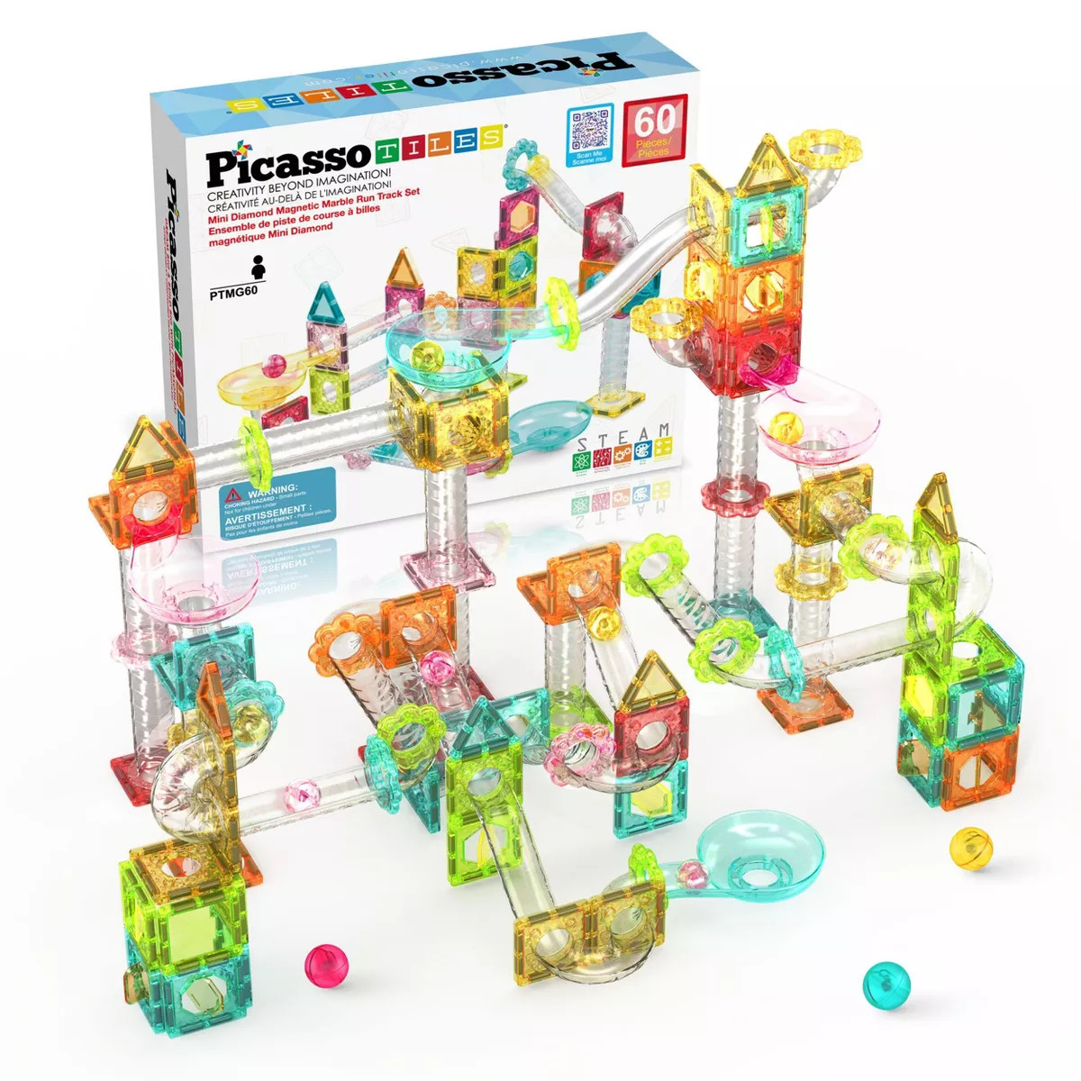 PICASSO-TILES Mini Marble Run Magnetic Tiles for Kids – 60PCS STEM Building Blocks Race Track, ... | Target