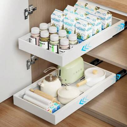 Expandable Pull Out Cabinet Organizer, 21"Deep Slide Out Drawer For Cabinets Adhesive Pull Out Drawers Heavy Duty Pull Out Shelves For Kitchen, Cupboa | SHEIN