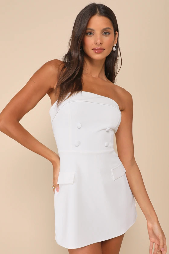 Upscale Pose White Button-Front Strapless Romper | Lulus