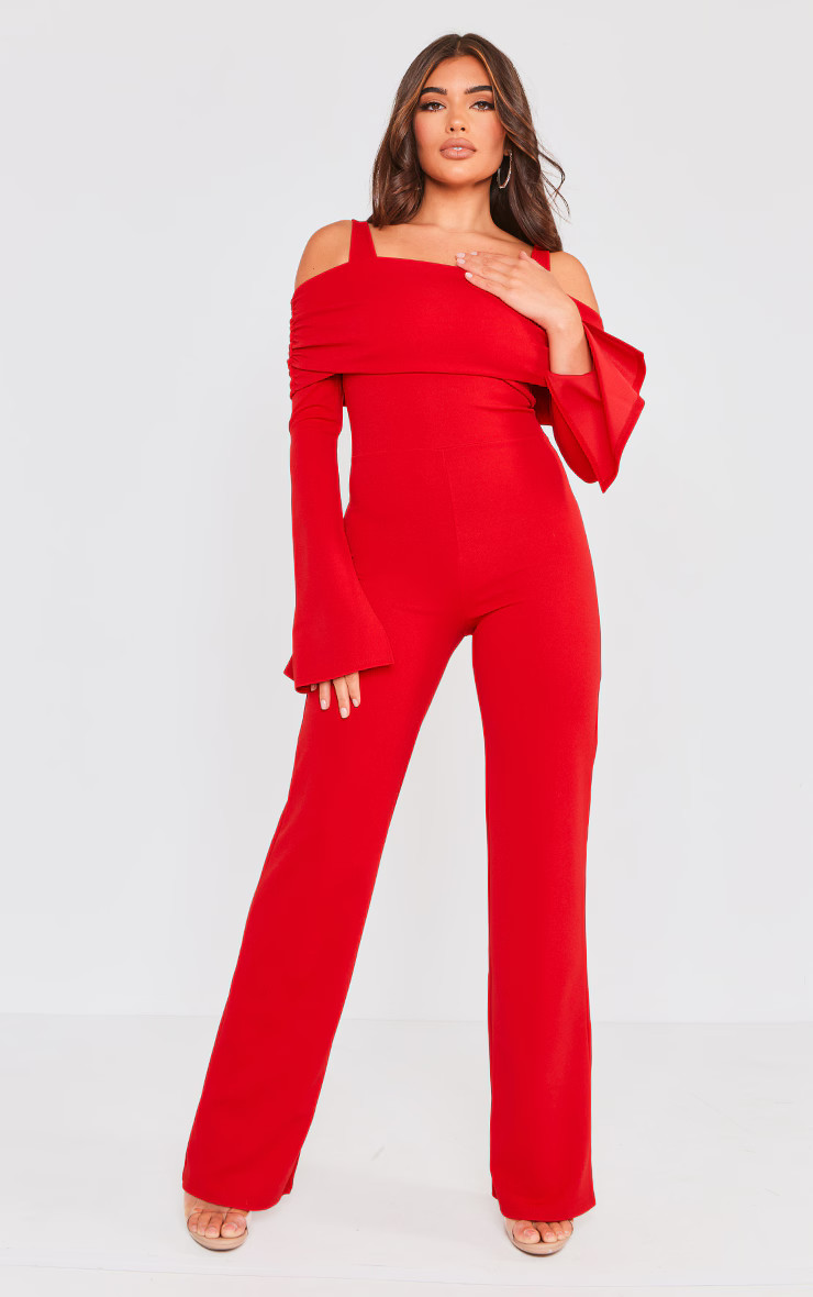 Red Off Shoulder Long Sleeve Jumpsuit | PrettyLittleThing US